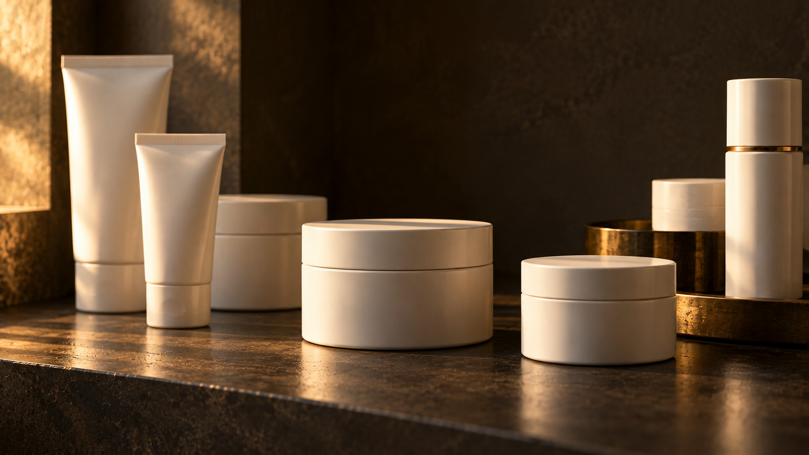 Seven plain unlabelled containers standing in a shallow row on a dark stone ledge: two squeeze tubes, three shallow screw-lid jars and a tall capped cylinder, with a brass tray behind them catching a low warm light from the left.