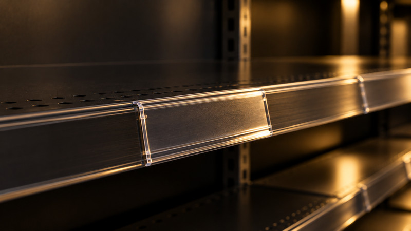 A clear shelf-edge ticket channel running the length of an empty perforated steel shelf, one card slot standing empty, the upright's slot punchings out of focus behind it.